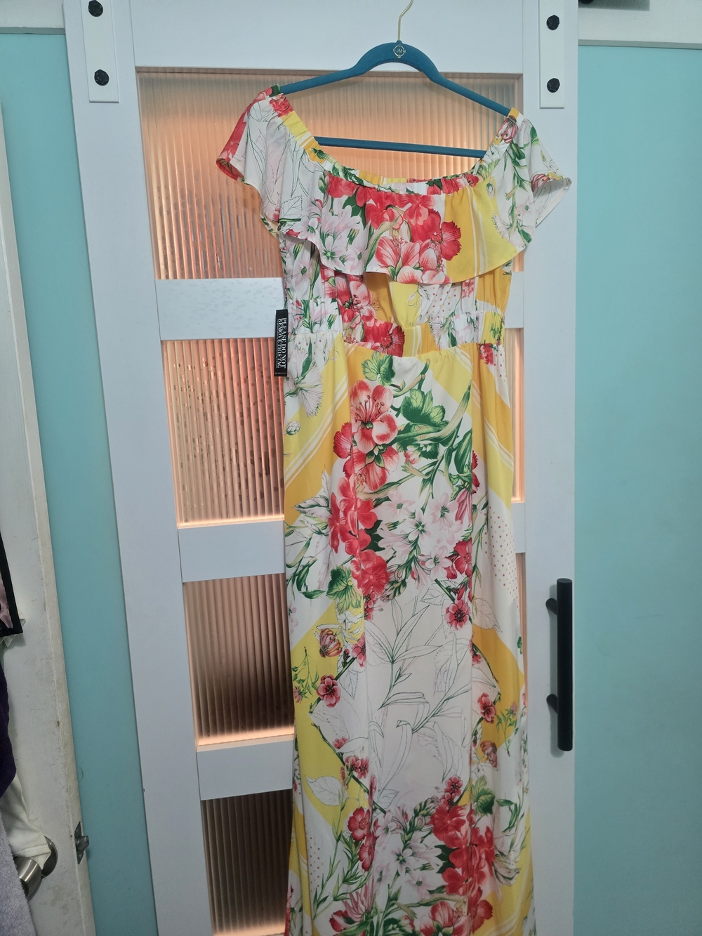 New York & Company Yellow Floral Off-Shoulder Maxi Dress